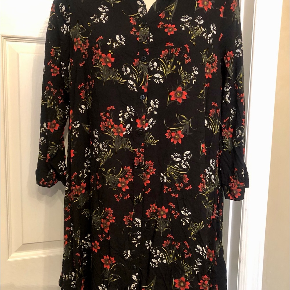 Zara Woman Black Floral Shirt Dress Size XS